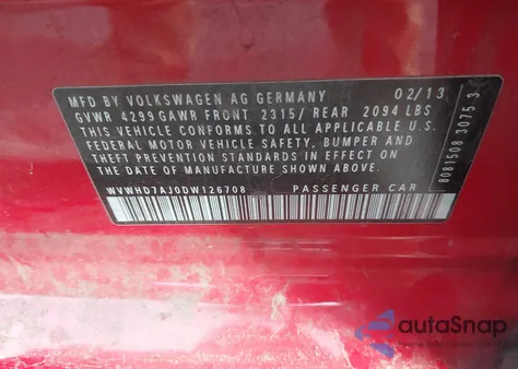 2013 Volkswagen Gti из США, поврежденный, VIN WVWHD7AJ0DW126708